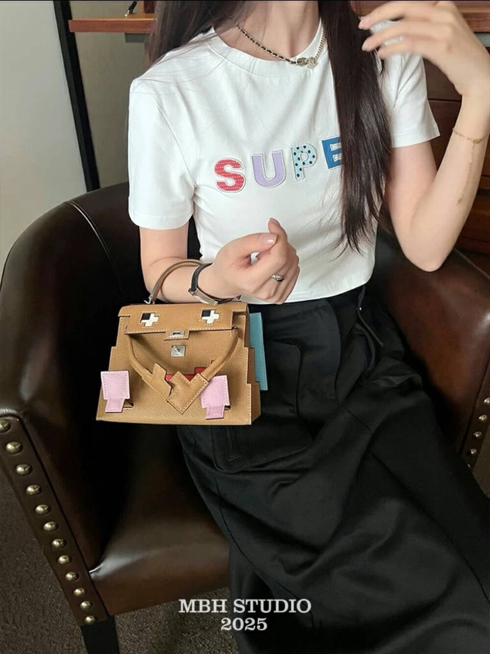 MBH Semi-Handmade Custom Top Layer Cowhide Mosaic Kelly Bag Color Block Handbag with Shoulder Strap