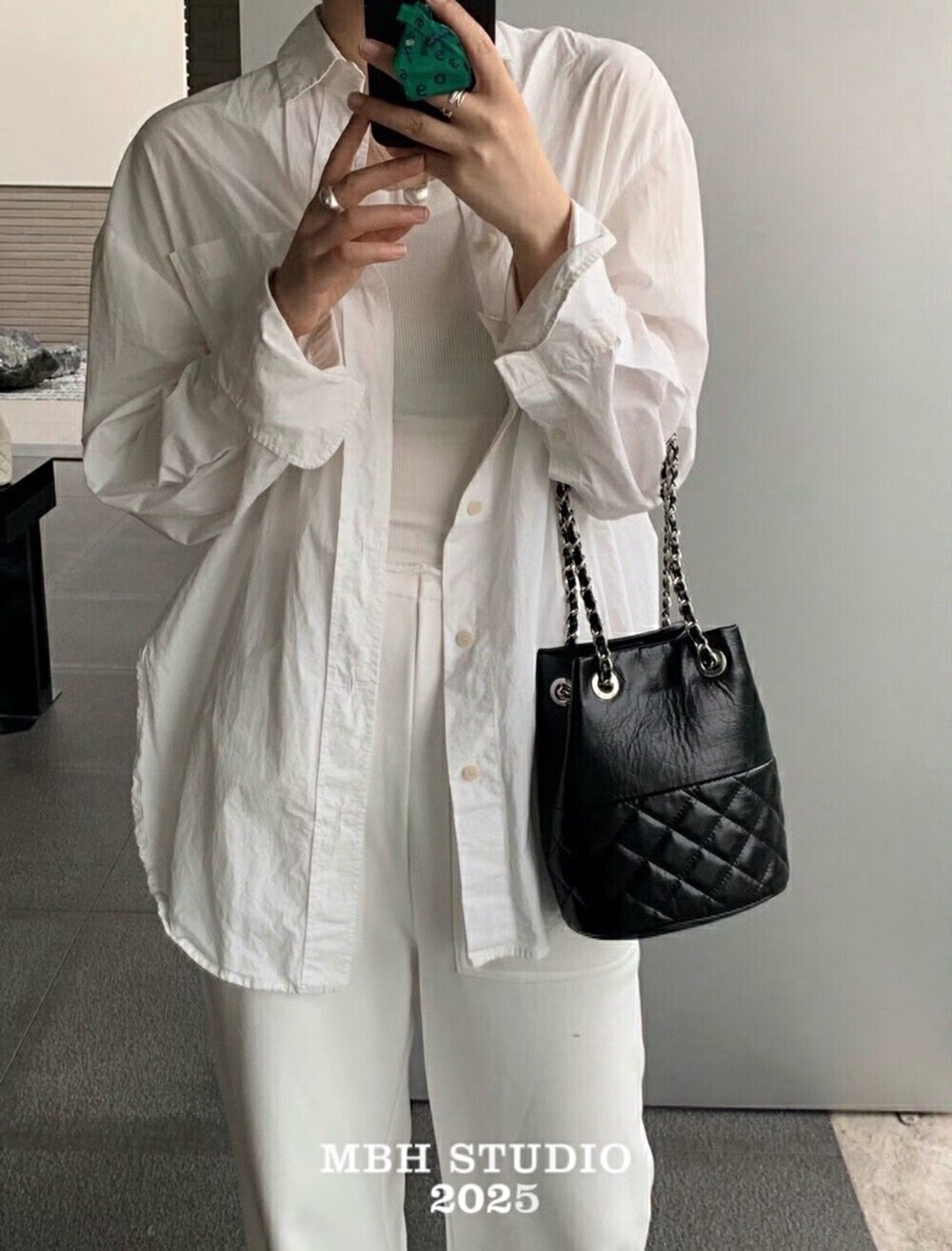 MBH Oil Wax Leather Quilted Bucket Bag with Chain Strap