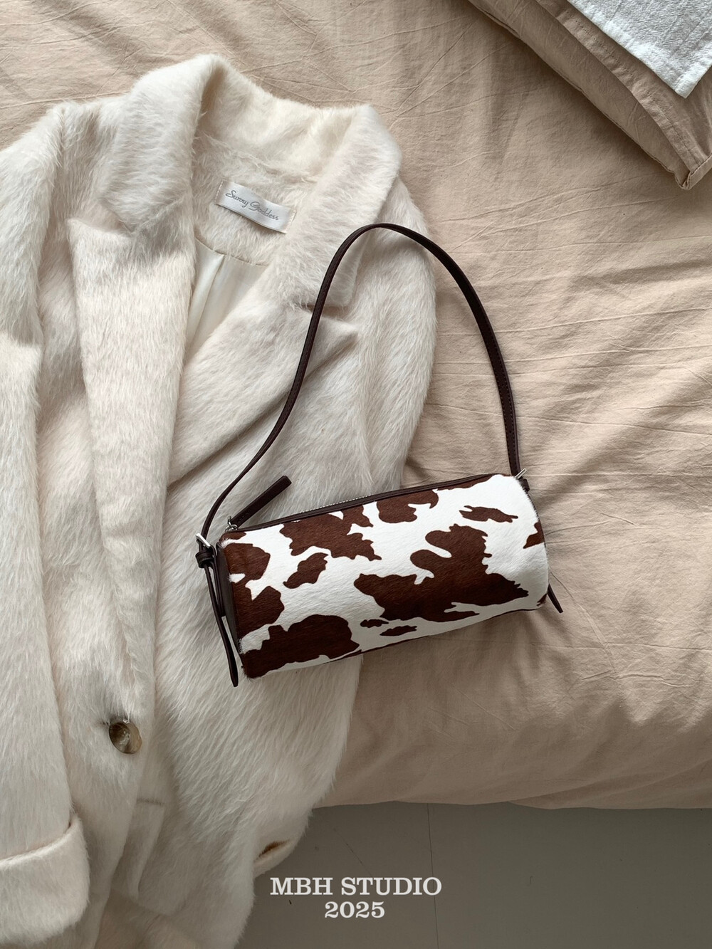 Cow Print Horsehair Cylinder Bag Genuine Leather Color Block Shoulder Crossbody Handbag with Strap