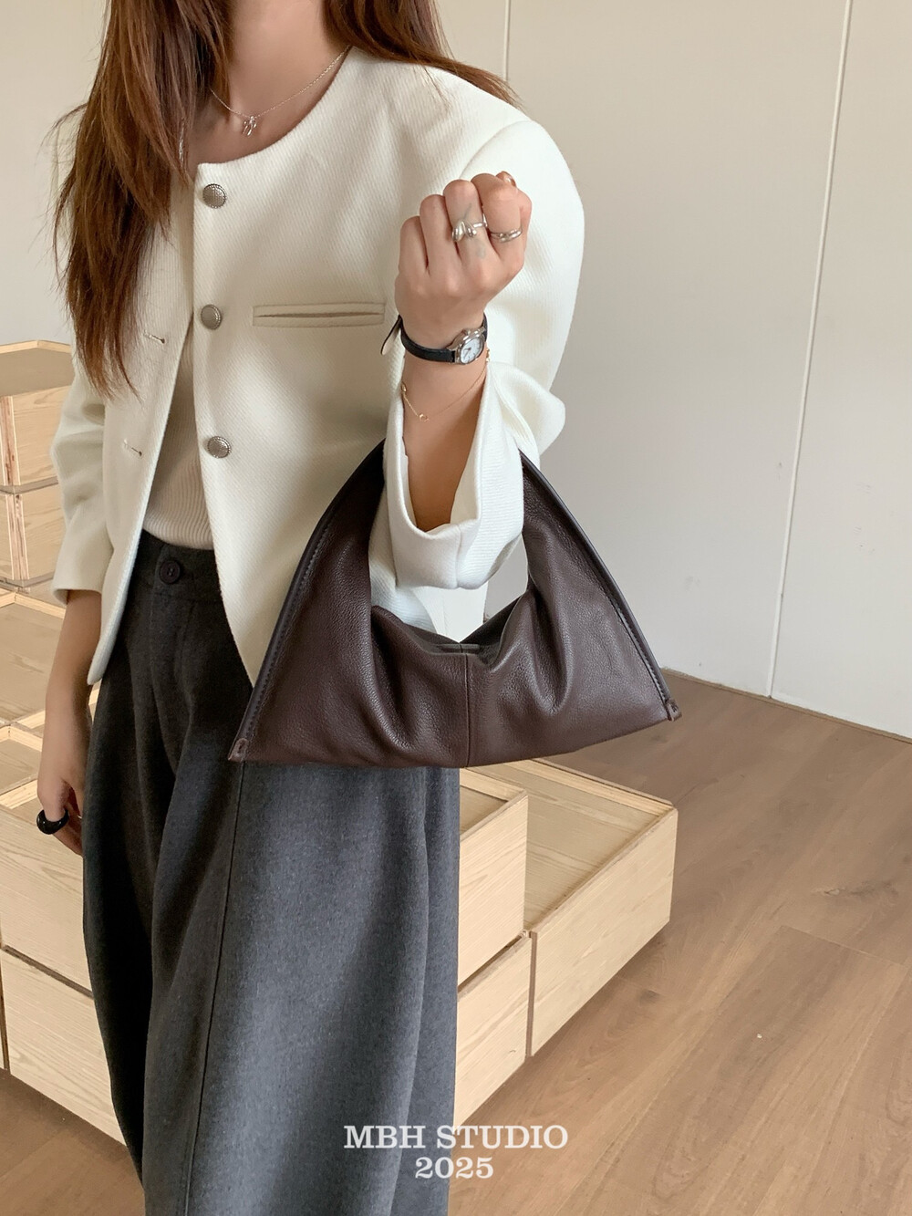 MBH Super Soft Sheepskin Blogger Style Triangle Bag Minimalist Crossbody Handbag with Strap